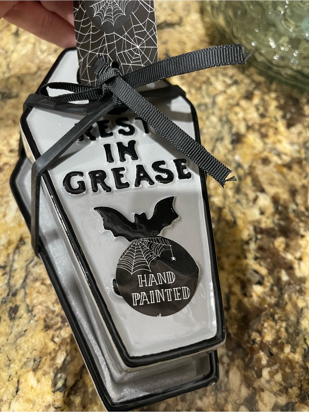 Cobwebs and Cauldrons grey black coffin covered butter dish REST IN GREASE …NEW - Picture 2 of 4